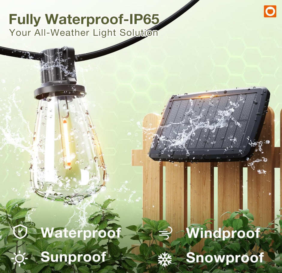54FT(48+6) Solar String Lights Outdoor Waterproof with USB Charging & Remote Control - Dimmable Solar Power Patio Lights with LED Bulbs for Porch, Garden, Yard, Market, Bistro - Last for 20+Hrs