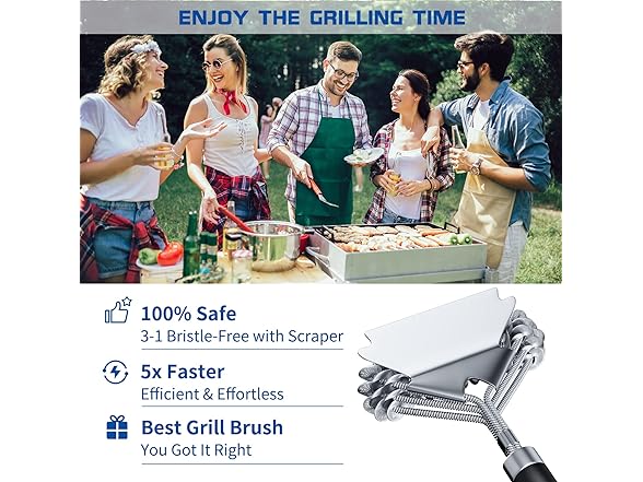 Grill Brush and Scraper Bristle Free, Grill Brush for Outdoor Grill, 17" Stainless Steel BBQ Brush for Grill Cleaning, Hooks Included