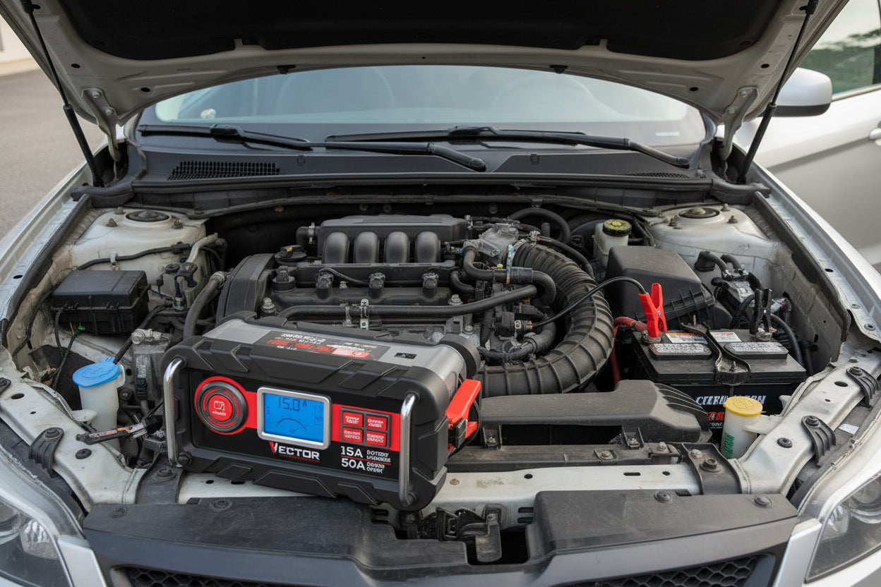 Vector 15 Amp Automatic 12V Battery Charger with 50 Amp Engine Start and Alternator Check