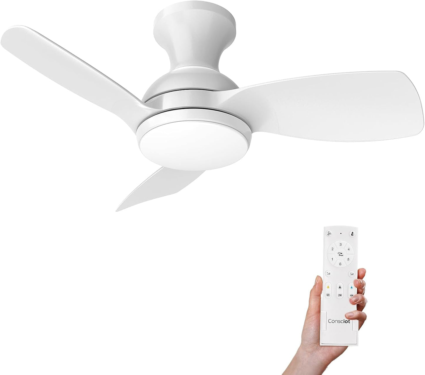 Consciot Ceiling Fan With Lights 30 Inch, Kids Ceiling Fan White Modern, Flush Mount, Reversible Quiet DC Motor, 6 Speed, Dimmable, Kitchen Bedroom Patio