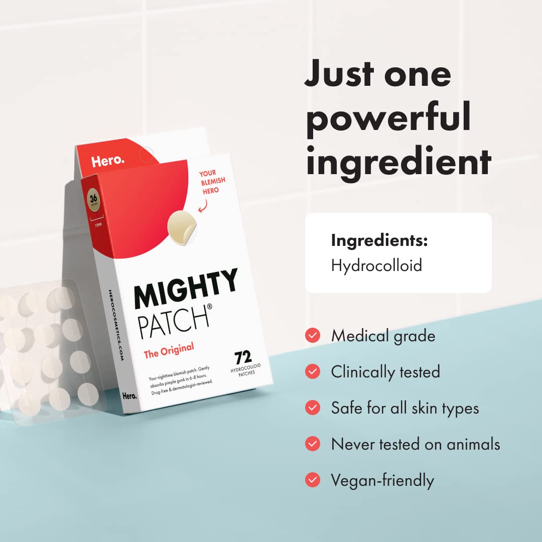 Hero Cosmetics Mighty Patch™ Original Patch - Hydrocolloid Acne Pimple Patch for Covering Zits and Blemishes, Spot Stickers for Face and Skin