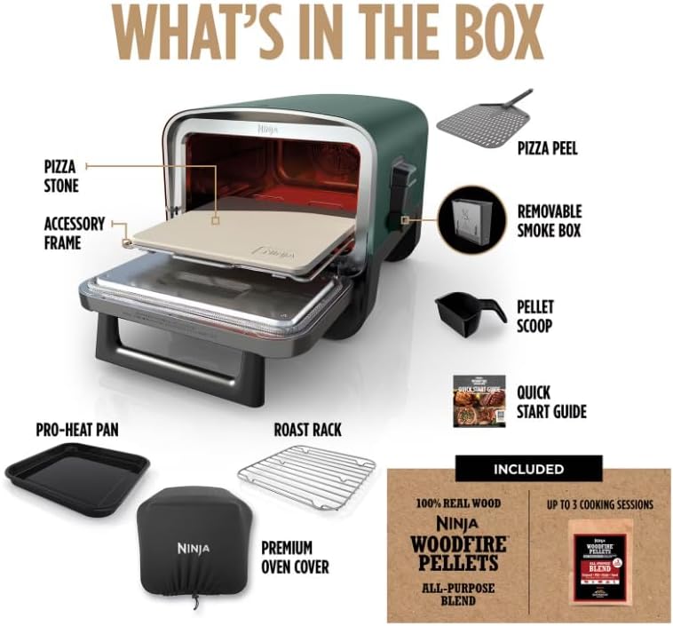 Ninja Woodfire 8-in-1 Outdoor Smoker Pizza Oven with 5 Pizza Settings, Green-DAMAGED BOX-BRAND NEW INSIDE