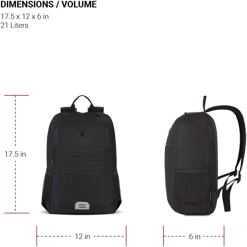 SwissGear Intro Laptop Backpack, Black, 17.5"x12"x6"