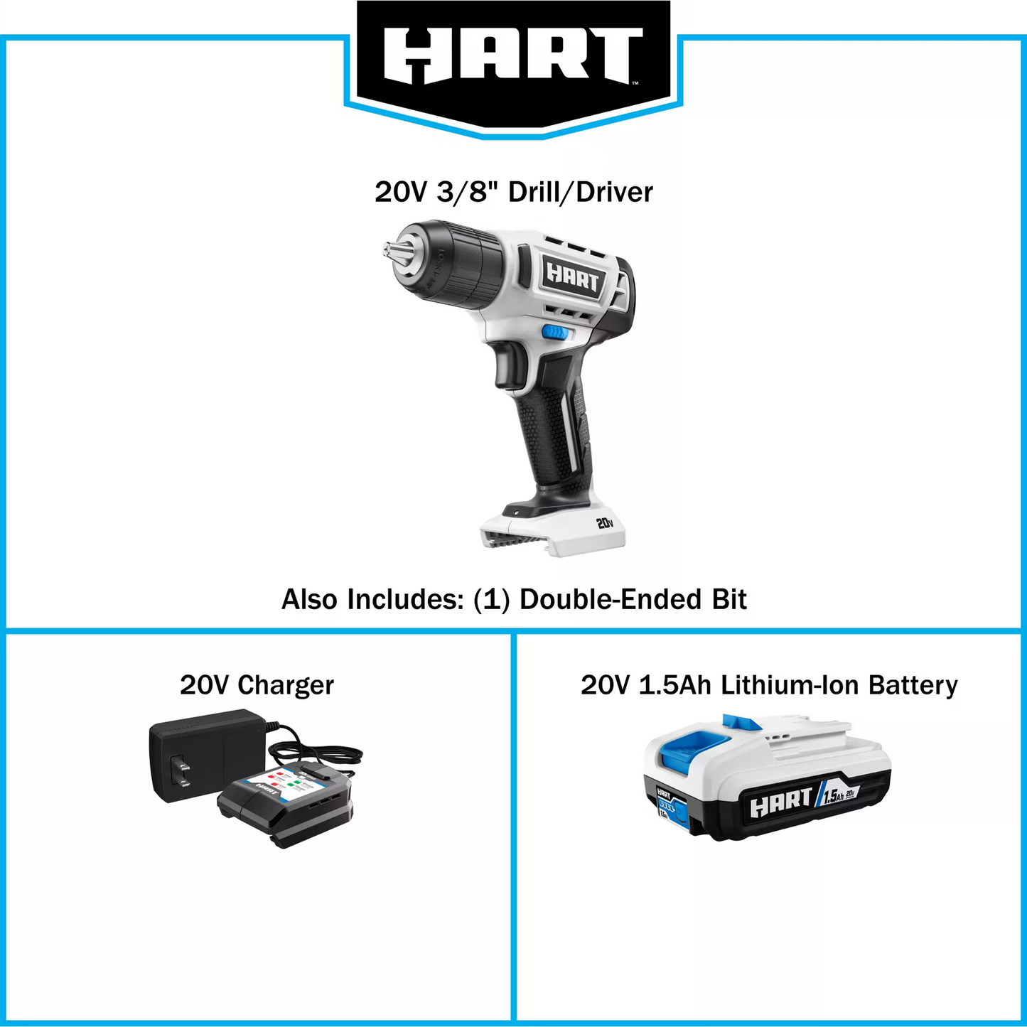 HART 20V 3/8” Drill/Driver Kit with 250 ft-lb Torque, 1.5Ah Lithium-Ion Battery and Charger