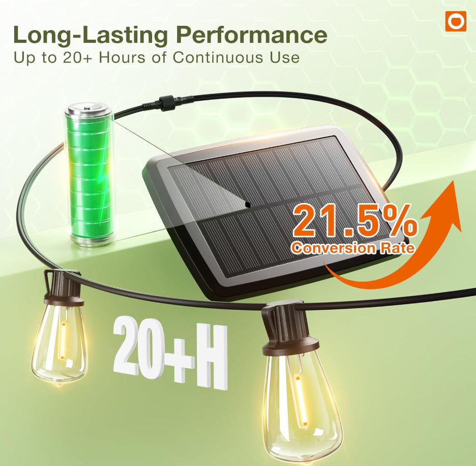 54FT(48+6) Solar String Lights Outdoor Waterproof with USB Charging & Remote Control - Dimmable Solar Power Patio Lights with LED Bulbs for Porch, Garden, Yard, Market, Bistro - Last for 20+Hrs