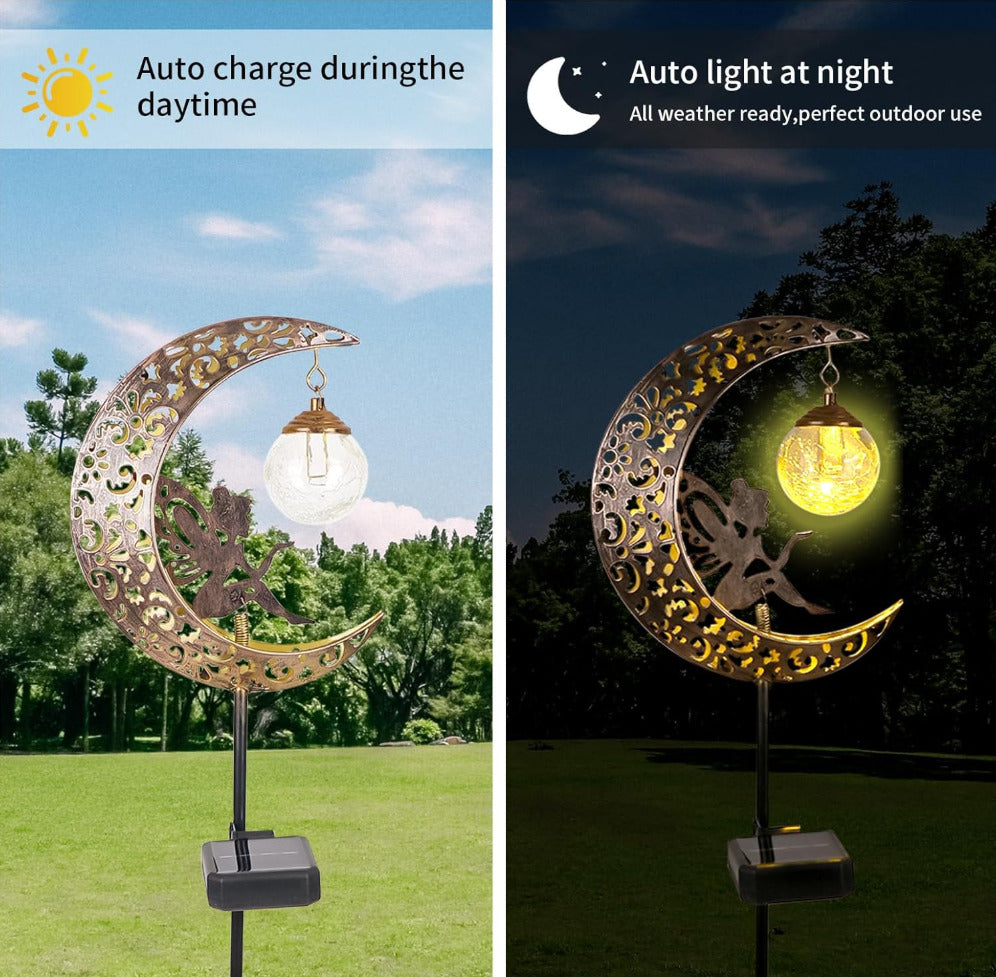 Solar Garden Lights Outdoor Decor,Moon Fairy Crackle Glass Lights,Waterproof Warm White LED Metal Stake Ornament,for Walkway Backyard Patio Lawn Pathway Decorations-Unique Gift Ideas for Gardening
