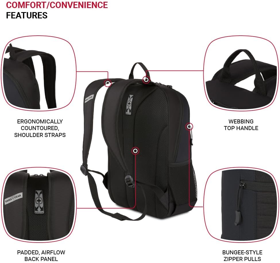 SwissGear Intro Laptop Backpack, Black, 17.5"x12"x6"