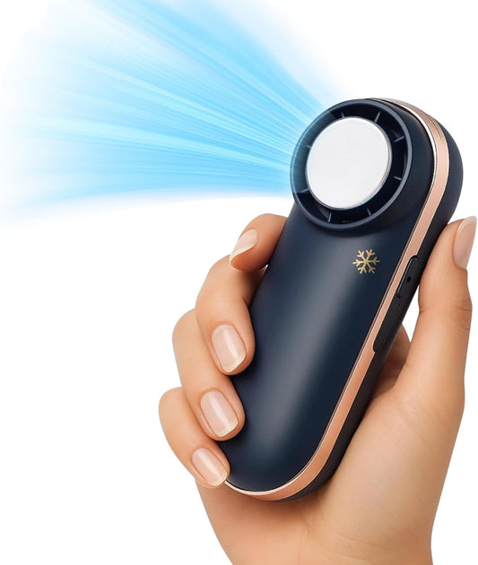 Hot Flashes Instant Cooling. Device Cools You 2 Ways- Icy Cold Contact Disc for Skin Or 100-Speed Mini Fan for Wind - Small, Portable, Stylish, Rechargeable Gift-Blue