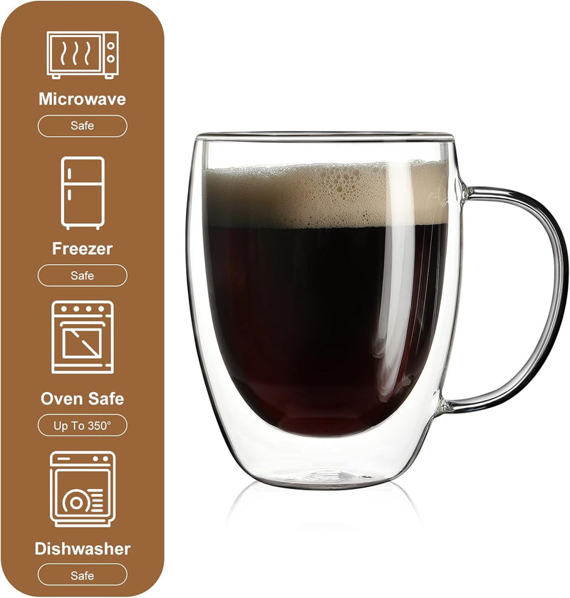 2 Pack Double Walled Glass Coffee Mugs with Handles