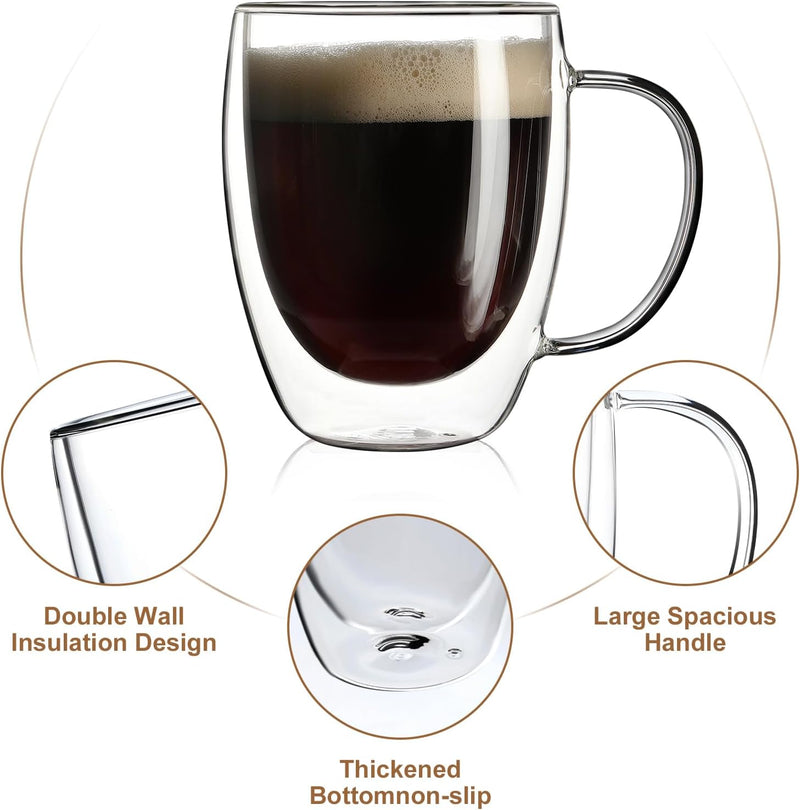 2 Pack Double Walled Glass Coffee Mugs with Handles