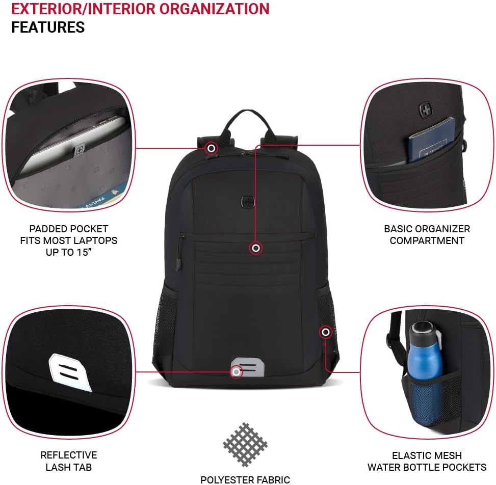 SwissGear Intro Laptop Backpack, Black, 17.5"x12"x6"