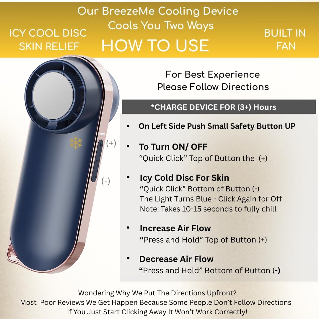 Hot Flashes Instant Cooling. Device Cools You 2 Ways- Icy Cold Contact Disc for Skin Or 100-Speed Mini Fan for Wind - Small, Portable, Stylish, Rechargeable Gift-Blue