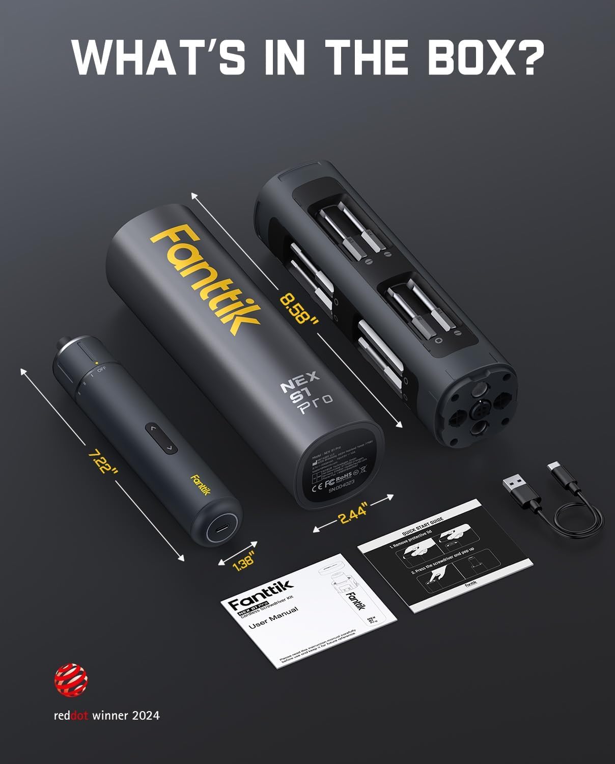 Fanttik S1 Pro Electric Screwdriver, Power Screwdriver | 16 S2 Steel Bits, 3 Torque Settings, Max 6 N.m, 2000mAh Battery, LED Light & 1/4''Hex, Ideal Tool for Furniture & Gaming PC