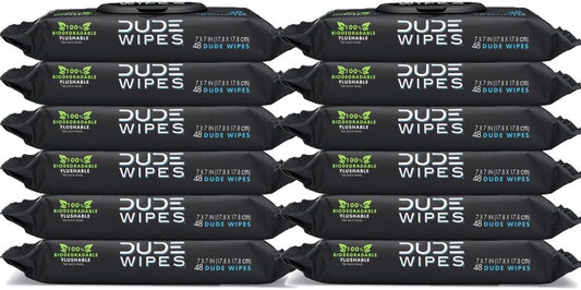 DUDE Wipes Flushable Wipes, Unscented with Vitamin-E & Aloe, 100% Biodegradable, Dispenser (12 Packs, 576 Total Count)