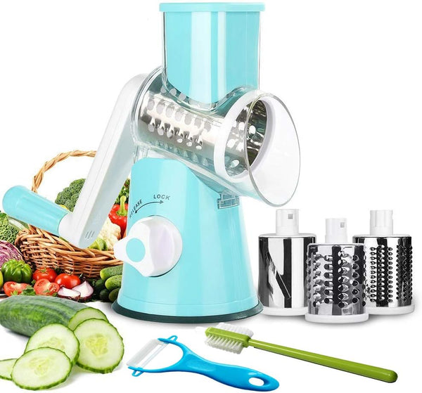 3 in 1 Vegetable Mandoline Slicer Swift Rotary Drum Grater Nut Shredder Veggie Cutter Peeler Spiralizer Cheese Chopper