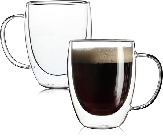 2 Pack Double Walled Glass Coffee Mugs with Handles