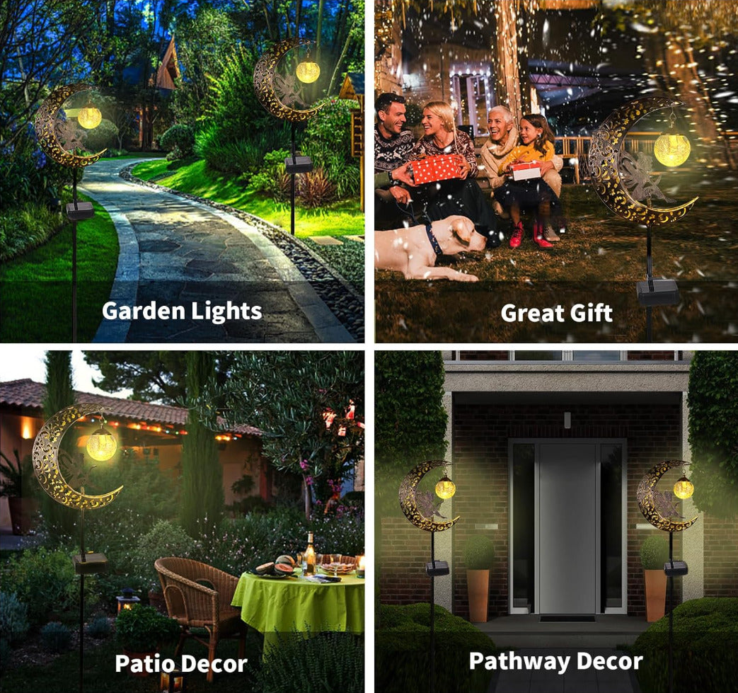 Solar Garden Lights Outdoor Decor,Moon Fairy Crackle Glass Lights,Waterproof Warm White LED Metal Stake Ornament,for Walkway Backyard Patio Lawn Pathway Decorations-Unique Gift Ideas for Gardening