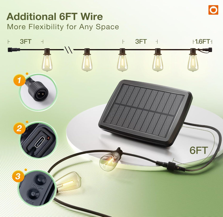 54FT(48+6) Solar String Lights Outdoor Waterproof with USB Charging & Remote Control - Dimmable Solar Power Patio Lights with LED Bulbs for Porch, Garden, Yard, Market, Bistro - Last for 20+Hrs