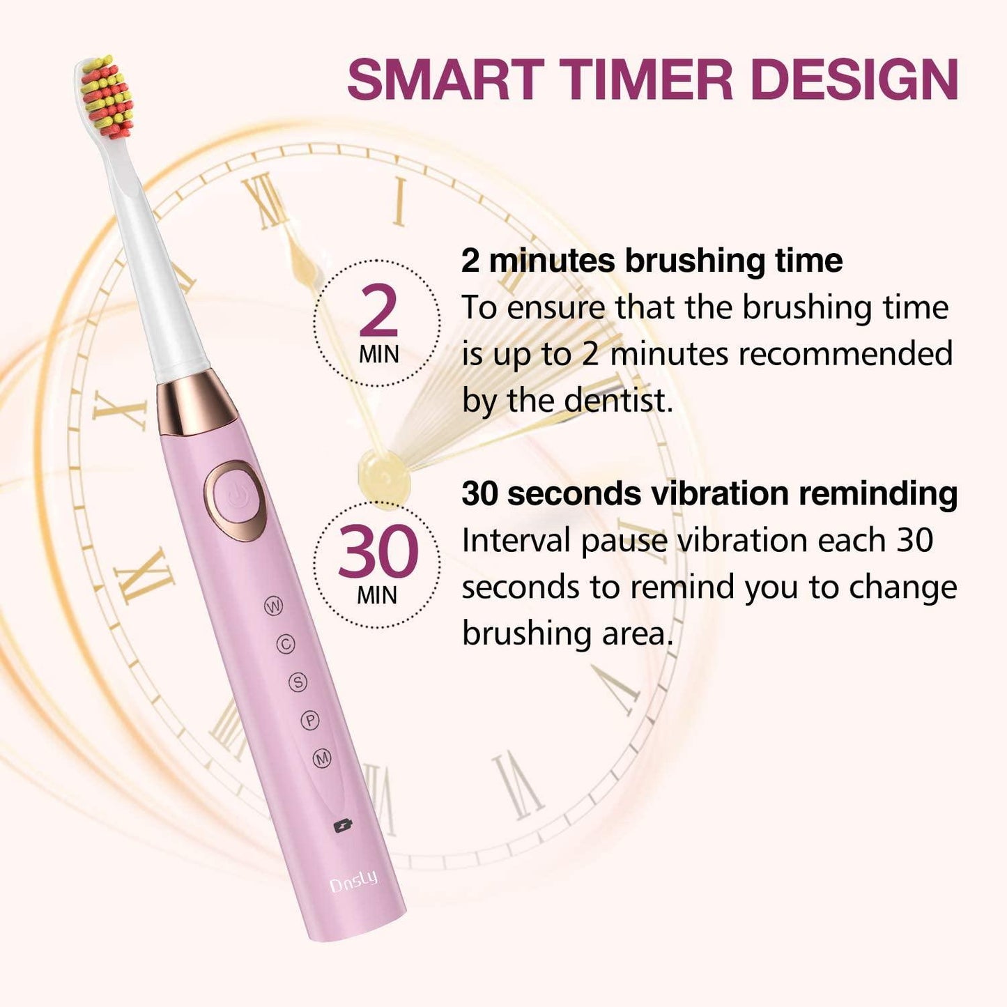 Dnsly Rechargeable Ultrasonic Toothbrush (Pink) + 8 Brush Heads