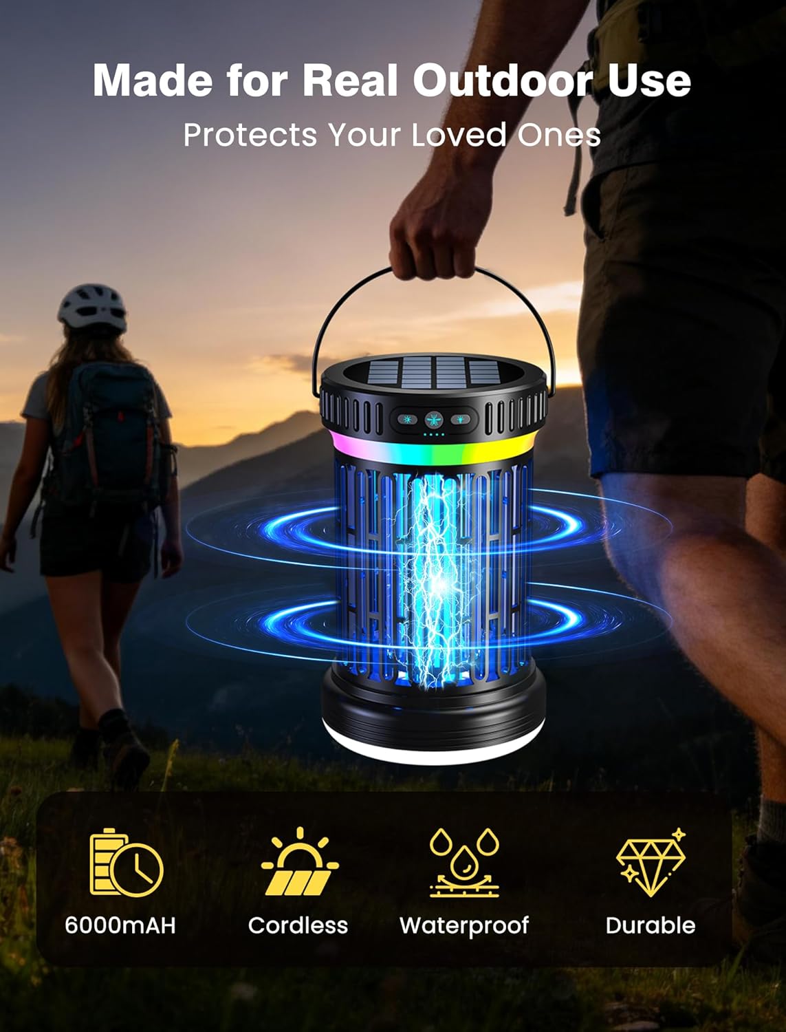 2 Pack Solar Bug Zapper & LED Camping Lantern – Rechargeable Mosquito Killer with UV Light, Hanging Hook, Solar Charging & Portable Outdoor Light