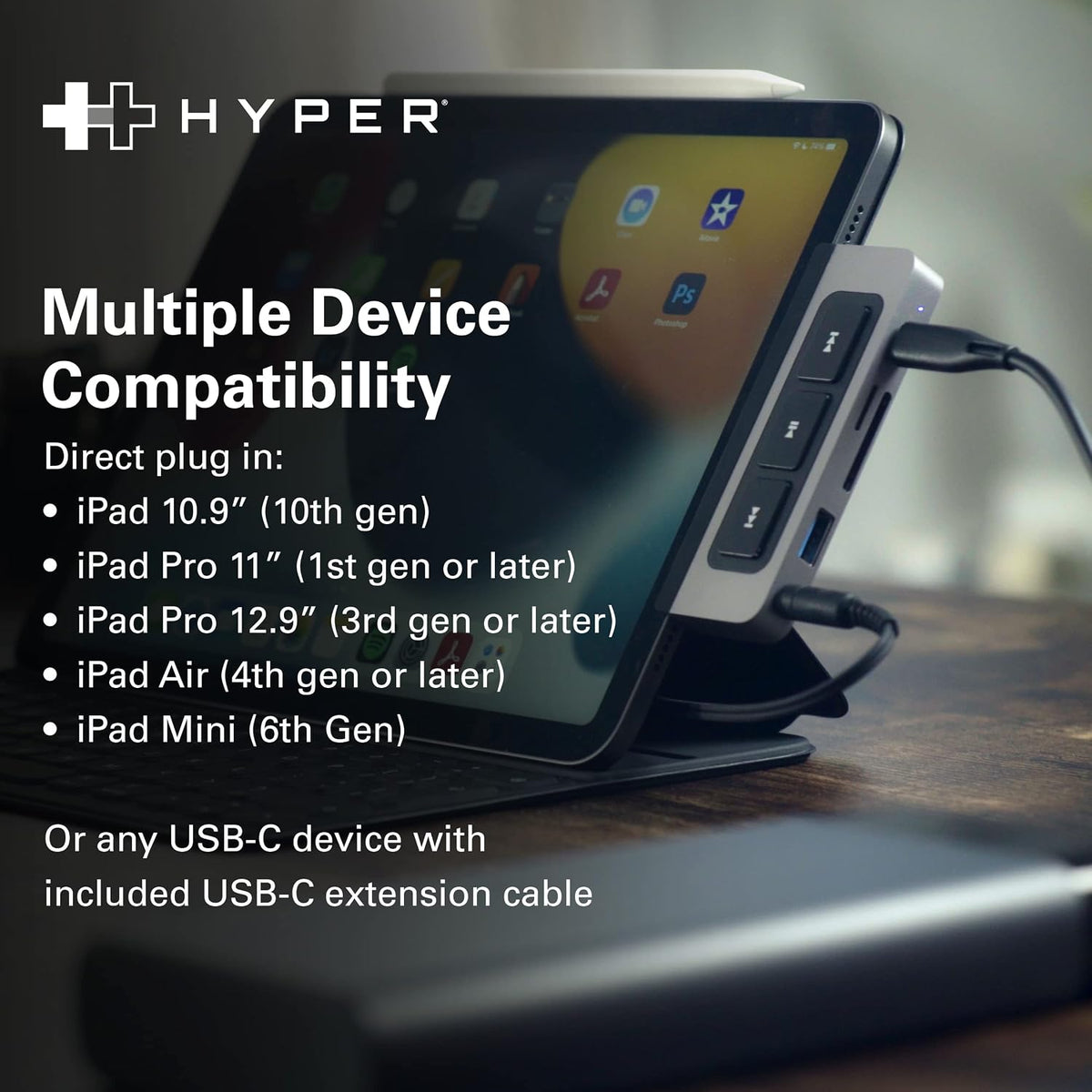 HyperDrive 6-in-1 USB-C Hub with Media Controls for iPad and other USB-C devices