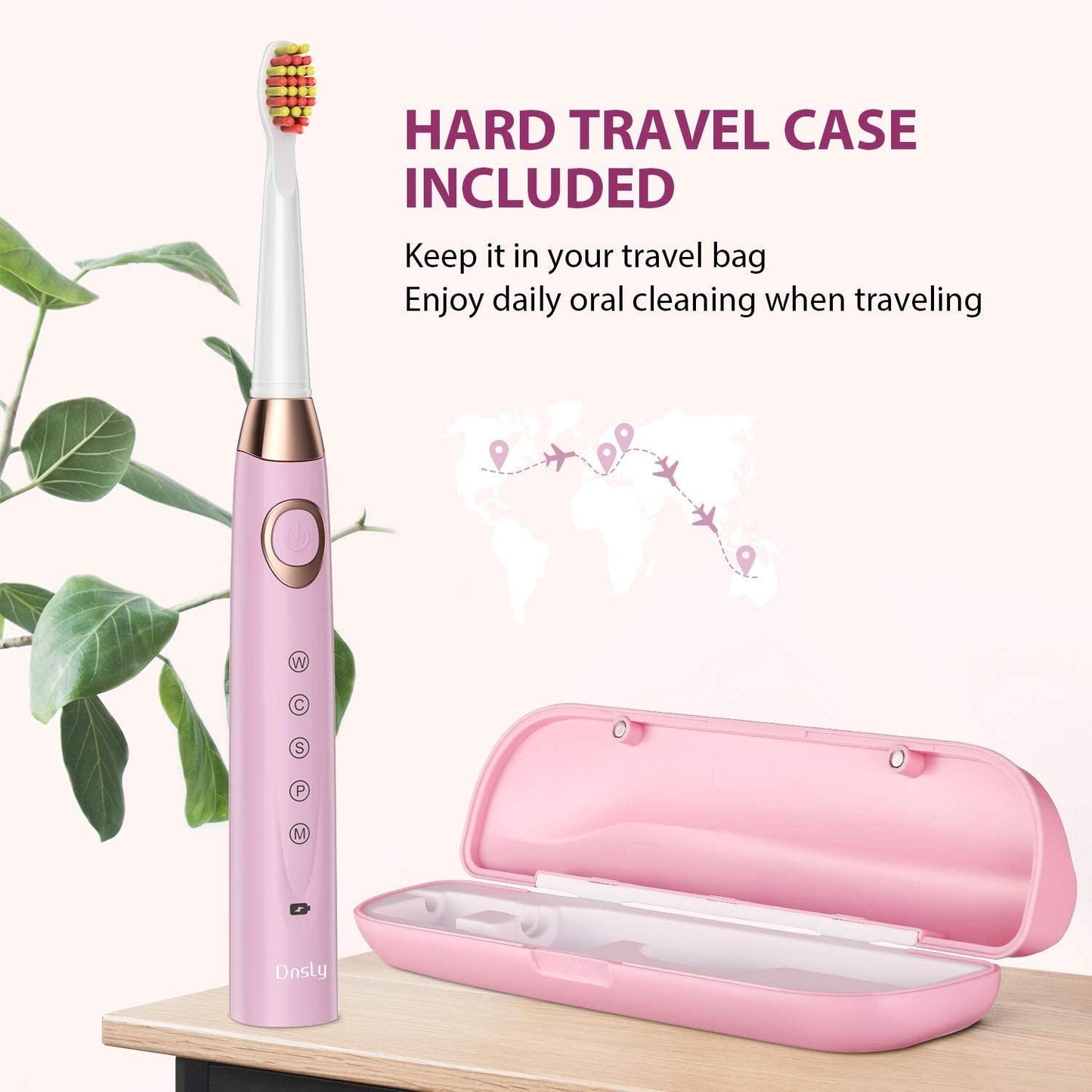 Dnsly Rechargeable Ultrasonic Toothbrush (Pink) + 8 Brush Heads