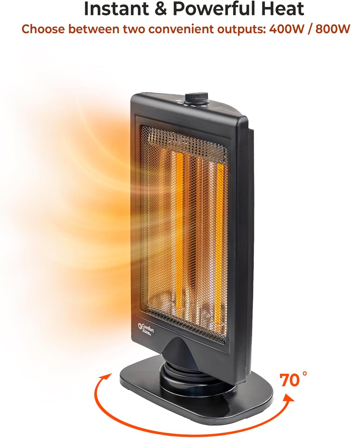 Comfort Zone Oscillating Portable Space Heater, Flat Panel, Halogen, Infrared, Electric, Adjustable Tilt, Overheat Sensor, Stay-Cool, & Tip-Over Switch, Ideal for Home, Bedroom, & Office, 800W, CZHTV9