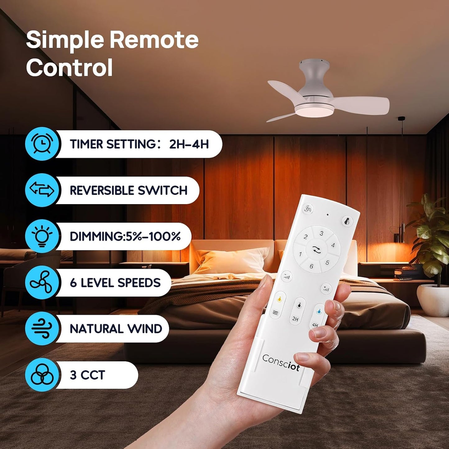 Consciot Ceiling Fan With Lights 30 Inch, Kids Ceiling Fan White Modern, Flush Mount, Reversible Quiet DC Motor, 6 Speed, Dimmable, Kitchen Bedroom Patio