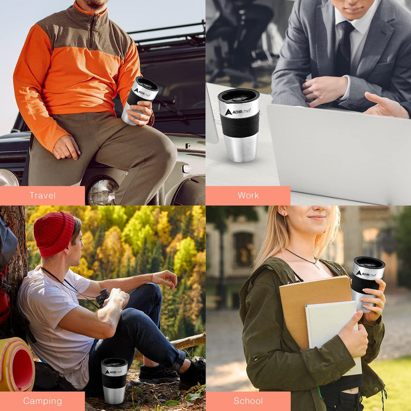 AdirChef Mini Travel Single Serve Coffee Maker & 15 oz. Travel Mug Coffee Tumbler & Reusable Filter