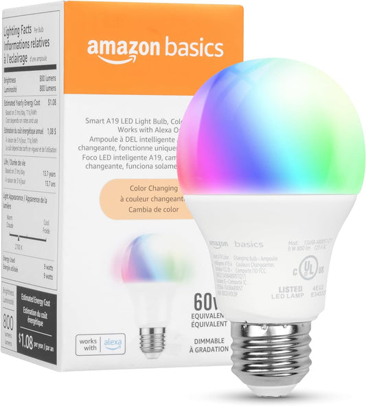 Amazon Basics Smart A19 LED Light Bulb, Color Changing, 9W (60W Equivalent), 800LM, Works with Alexa Only, 2.4 GHz Wi-Fi, No Hub Required