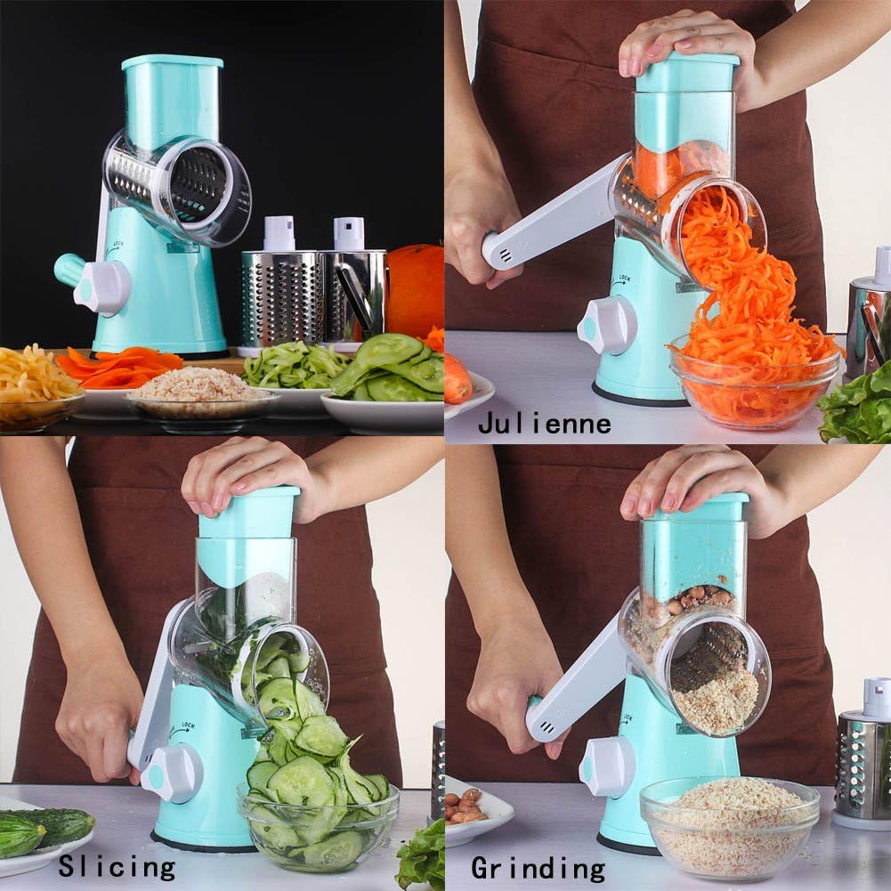 3 in 1 Vegetable Mandoline Slicer Swift Rotary Drum Grater Nut Shredder Veggie Cutter Peeler Spiralizer Cheese Chopper