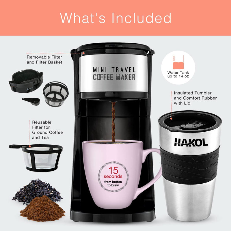 Hakol Mini Travel Single Serve Coffee Maker & 15 oz. Travel Mug Coffee Tumble