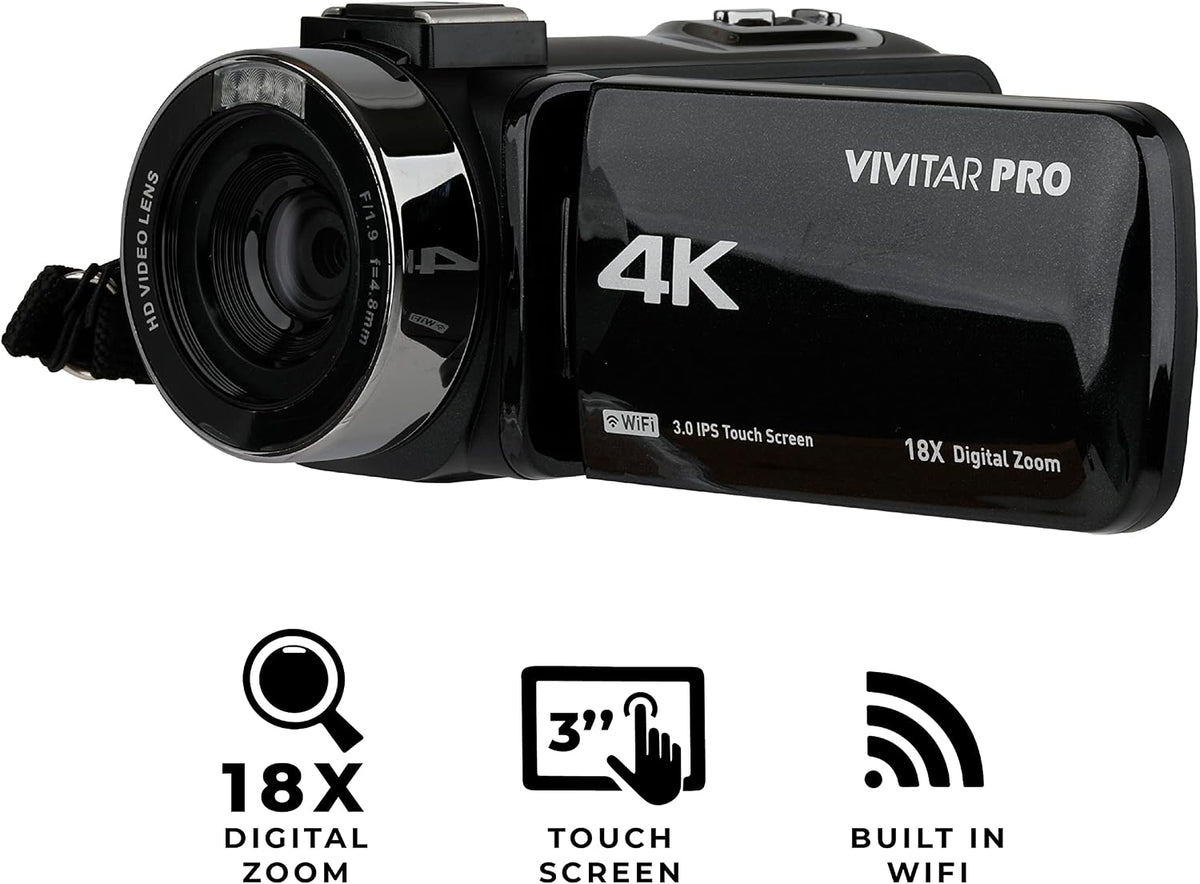 Vivitar 4K Wi-Fi Video Camera with 18x Zoom, Touchscreen, Night Vision & Microphone Jack Refurbished