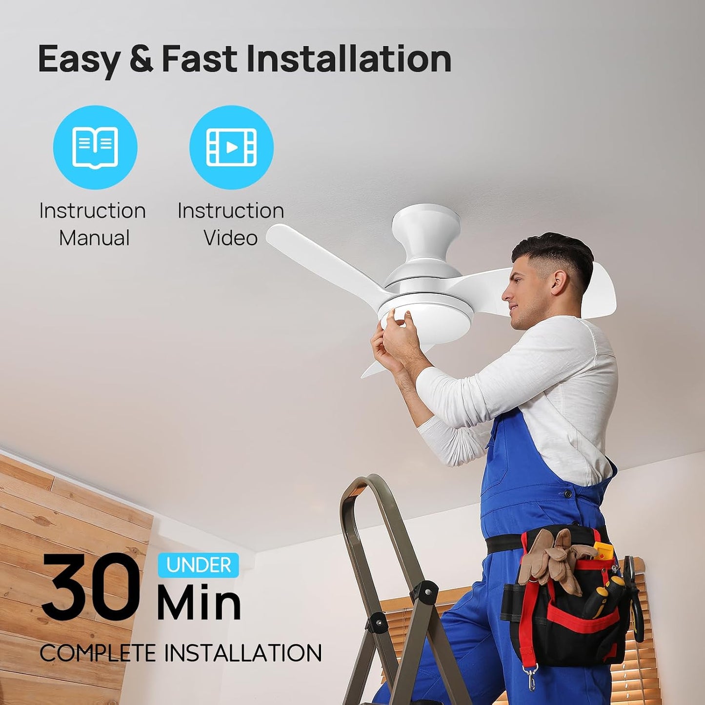 Consciot Ceiling Fan With Lights 30 Inch, Kids Ceiling Fan White Modern, Flush Mount, Reversible Quiet DC Motor, 6 Speed, Dimmable, Kitchen Bedroom Patio
