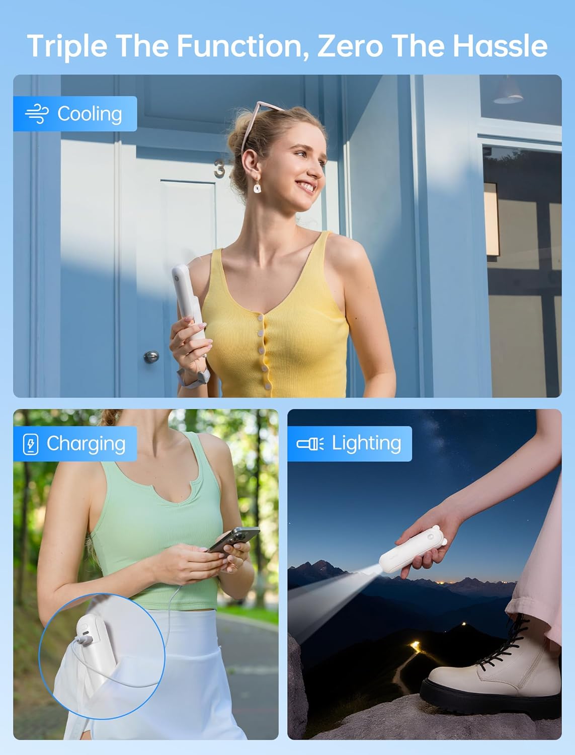 2 Pack 3 IN 1 Handheld Mini Fan - Portable Fan & Power Bank & Flashlight