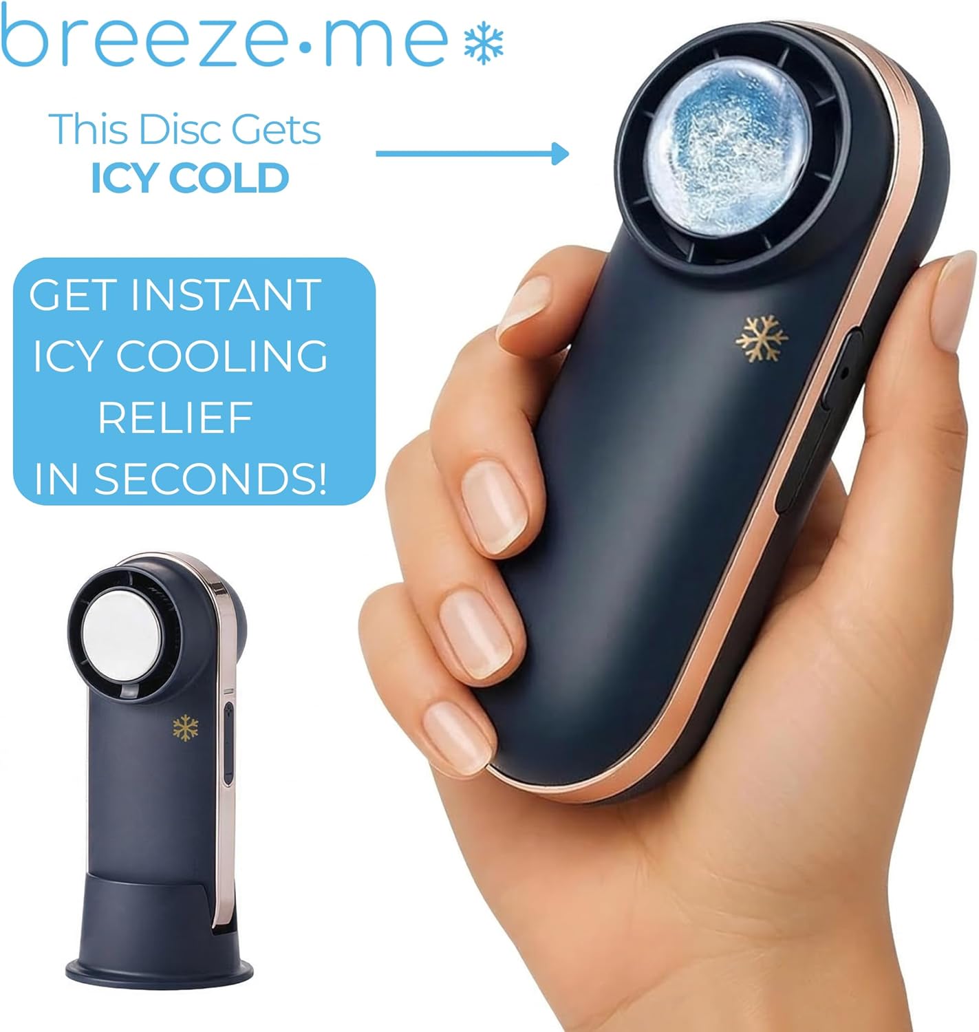 Hot Flashes Instant Cooling. Device Cools You 2 Ways- Icy Cold Contact Disc for Skin Or 100-Speed Mini Fan for Wind - Small, Portable, Stylish, Rechargeable Gift-Blue