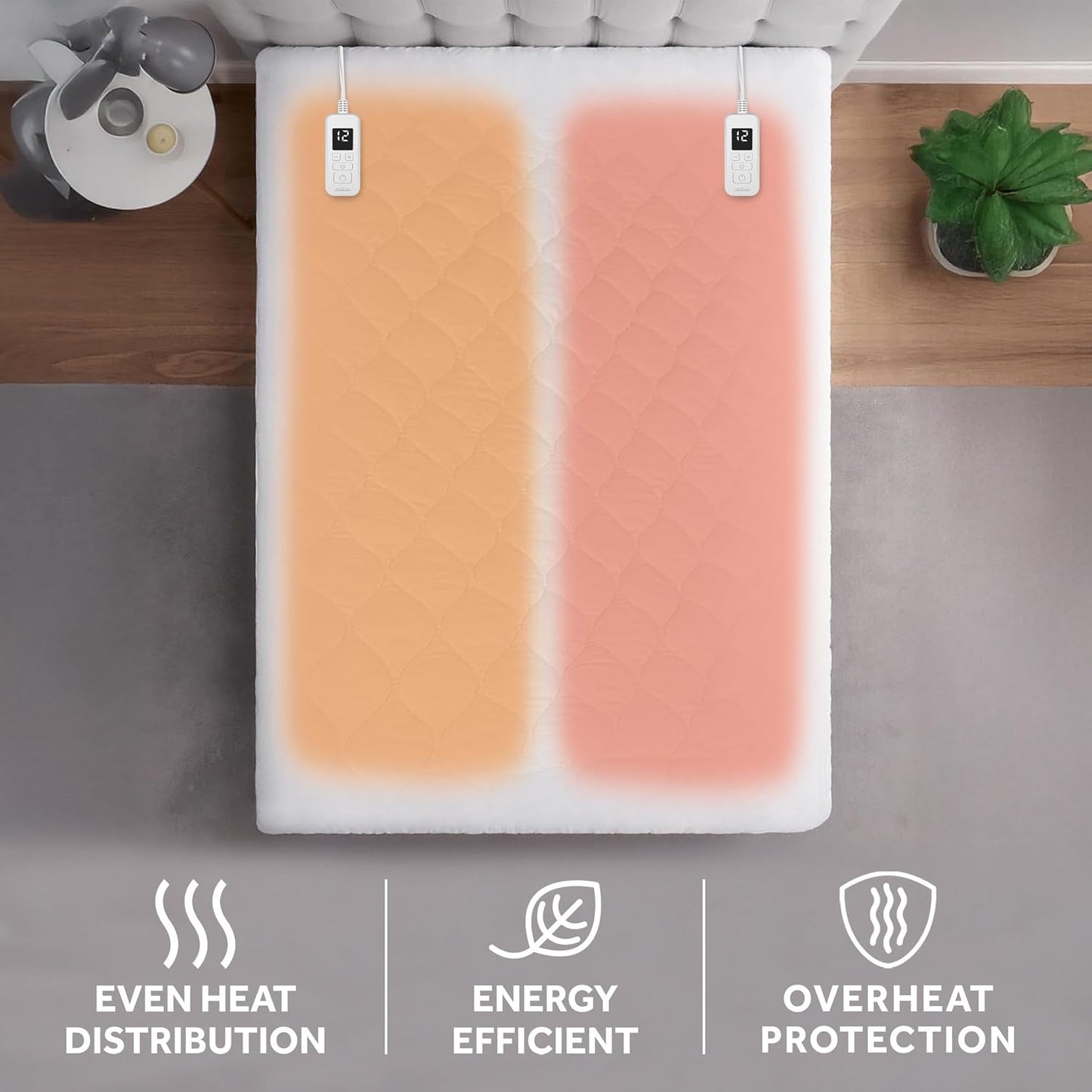 Sunbeam Electric Premium Water Resistant Restful Quilted Heated Mattress Pad, 12 Heat Settings, 12-Hour Selectable Auto Shut-Off, Fast Heating, Cozy Warming Bed, Queen, 60" x 80"