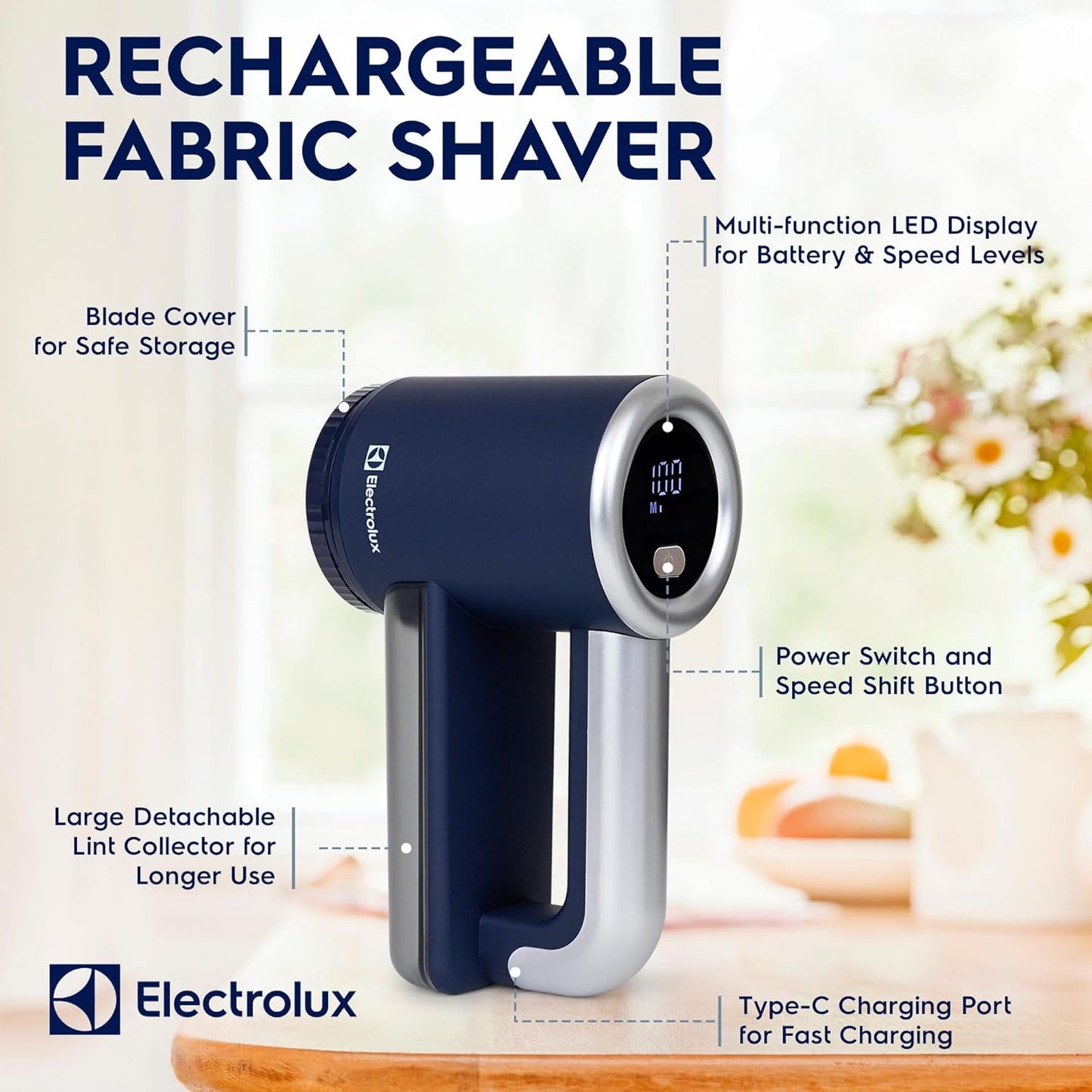 Electrolux Rechargeable Fabric Shaver & Lint Remover for Clothes, Furniture, Sofas, Blankets with LED Display, 3-Speed Portable Electric Pill Cutter - Removes Lint, Pill, & Fuzz