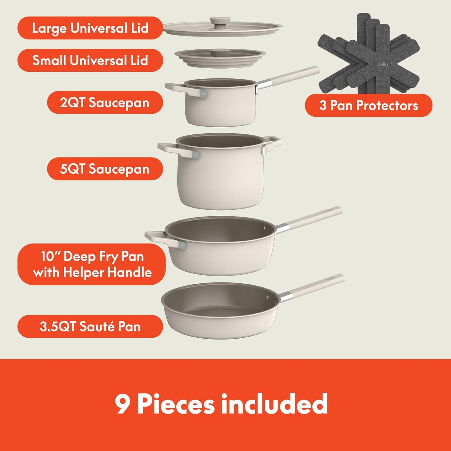bella Fits-Anywhere™ 9-Piece, Nonstick, Non-Toxic Cookware Set, Oatmilk