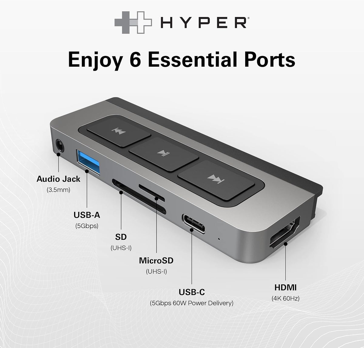 HyperDrive 6-in-1 USB-C Hub with Media Controls for iPad and other USB-C devices