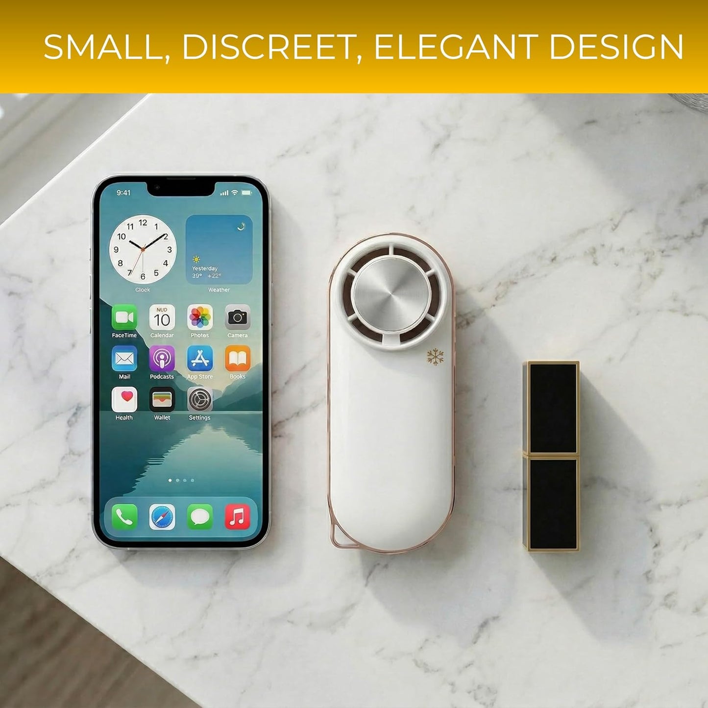 Hot Flashes Instant Cooling. Device Cools You 2 Ways- Icy Cold Contact Disc for Skin Or 100-Speed Mini Fan for Wind - Small, Portable, Stylish, Rechargeable Gift-Blue