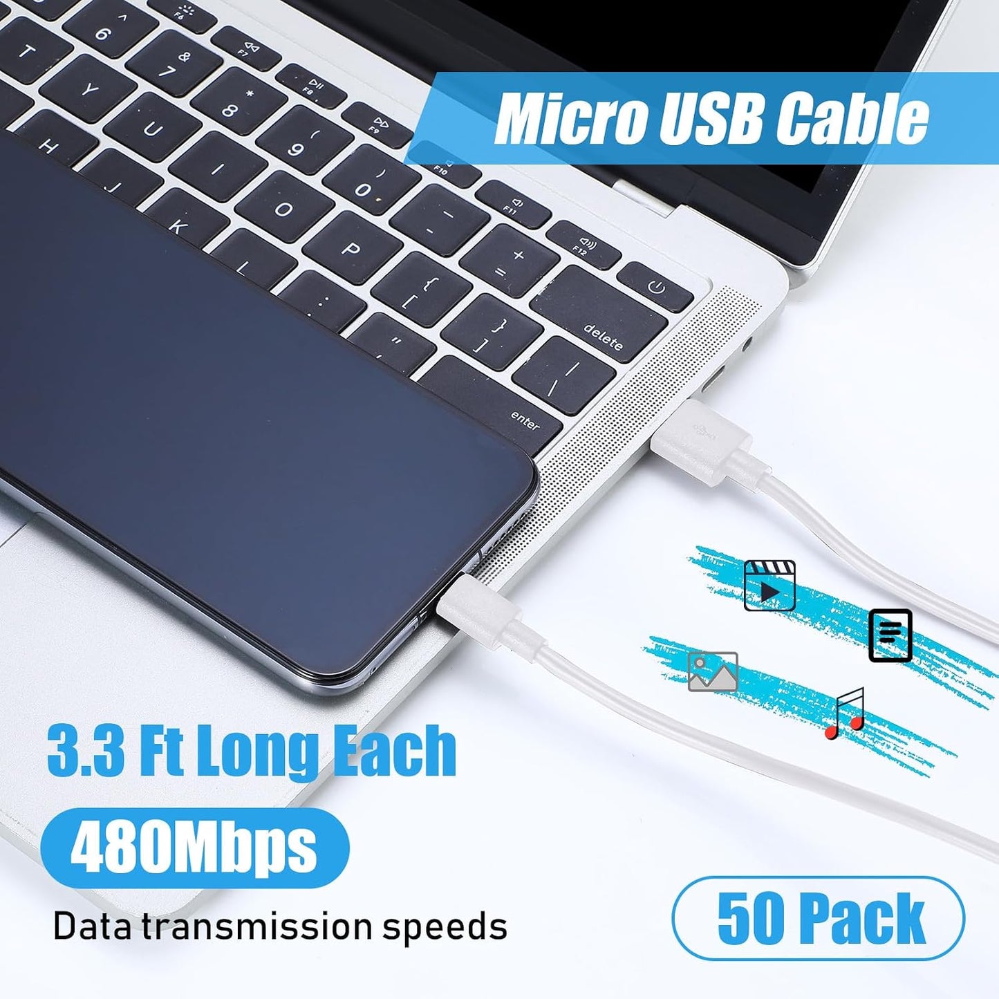 Kanayu 50 Pcs Micro USB Cable Bulk, 3.3 Ft Fast Charging Cable 2A Cable Charge Cord Compatible with Samsung Galaxy S7 S6 Edge J7 S5, Note 5 4, K40 K20, Kindle, PS4, Tablet (White)