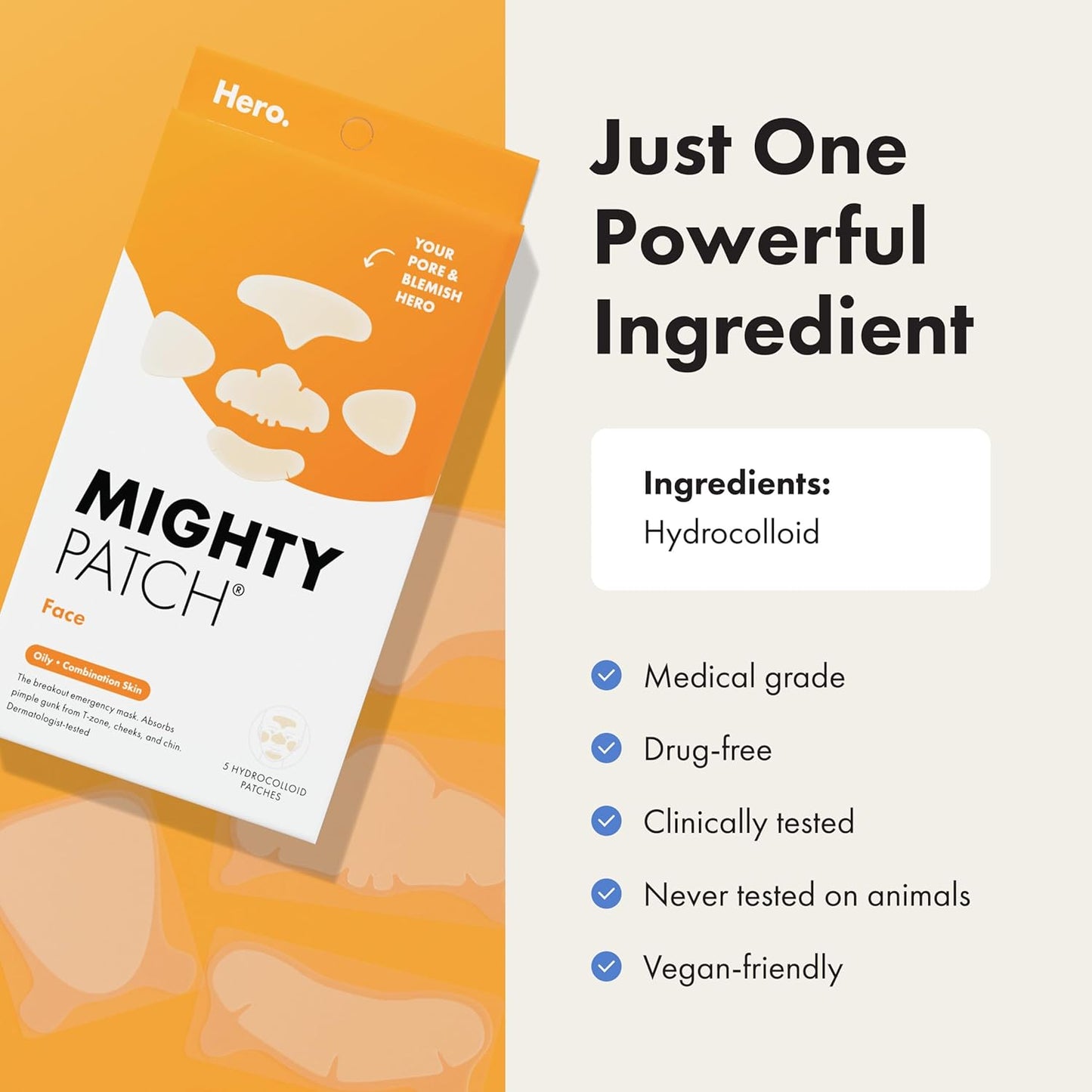 Mighty Patch Hero Cosmetics Face Patch - XL Hydrocolloid Face Mask for Acne, 5 Large Pimple Patches for Zit Breakouts on Nose, Chin, Forehead & Cheeks