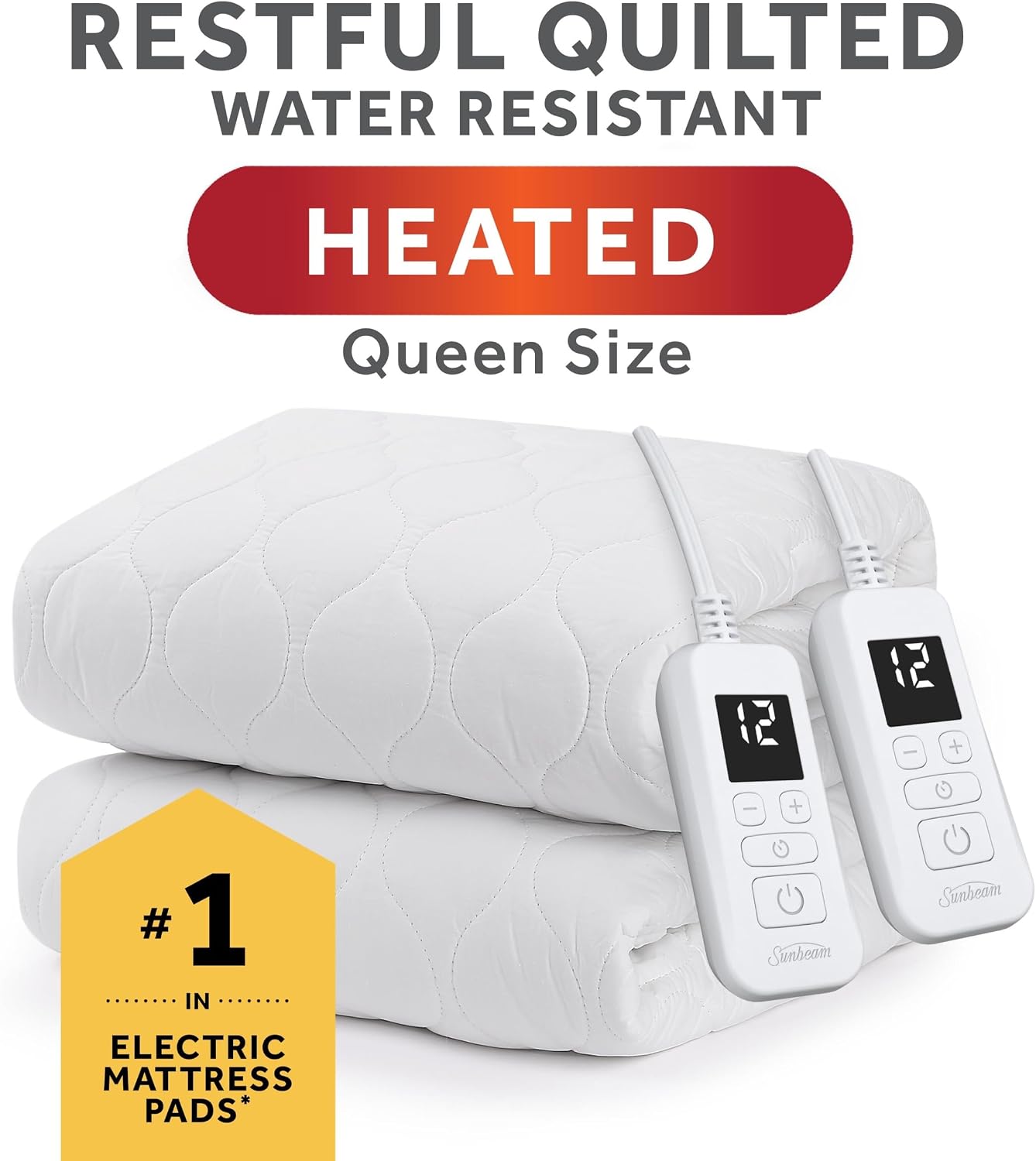 Sunbeam Electric Premium Water Resistant Restful Quilted Heated Mattress Pad, 12 Heat Settings, 12-Hour Selectable Auto Shut-Off, Fast Heating, Cozy Warming Bed, Queen, 60" x 80"