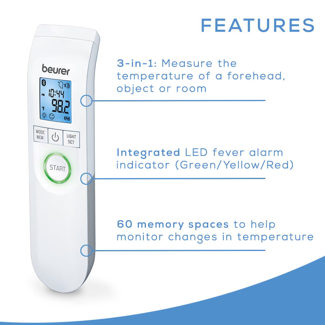 Beurer Bluetooth Non-Contact Infrared Thermometer, XL Illuminated Display, 60 Memory Spaces, FT95