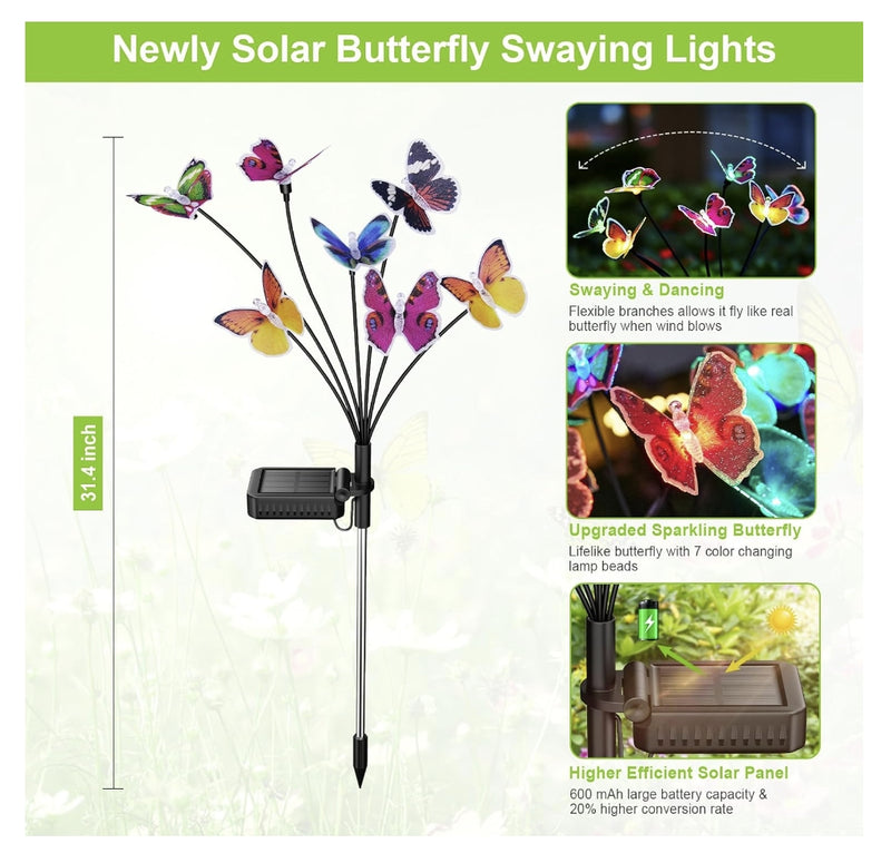 2 Pack Lifelike Swaying Butterfly Solar Lights for Outside