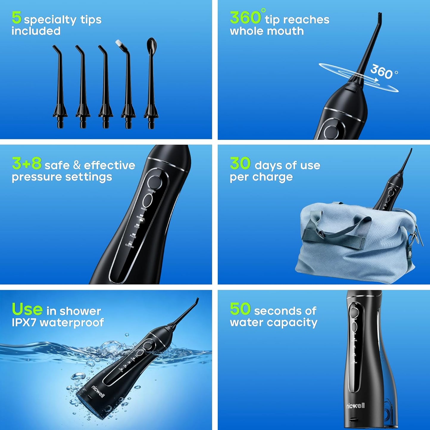 Nicwell Cordless Water Dental Flosser – Portable IPX7 Oral Irrigator with 4 Modes & 11 Levels