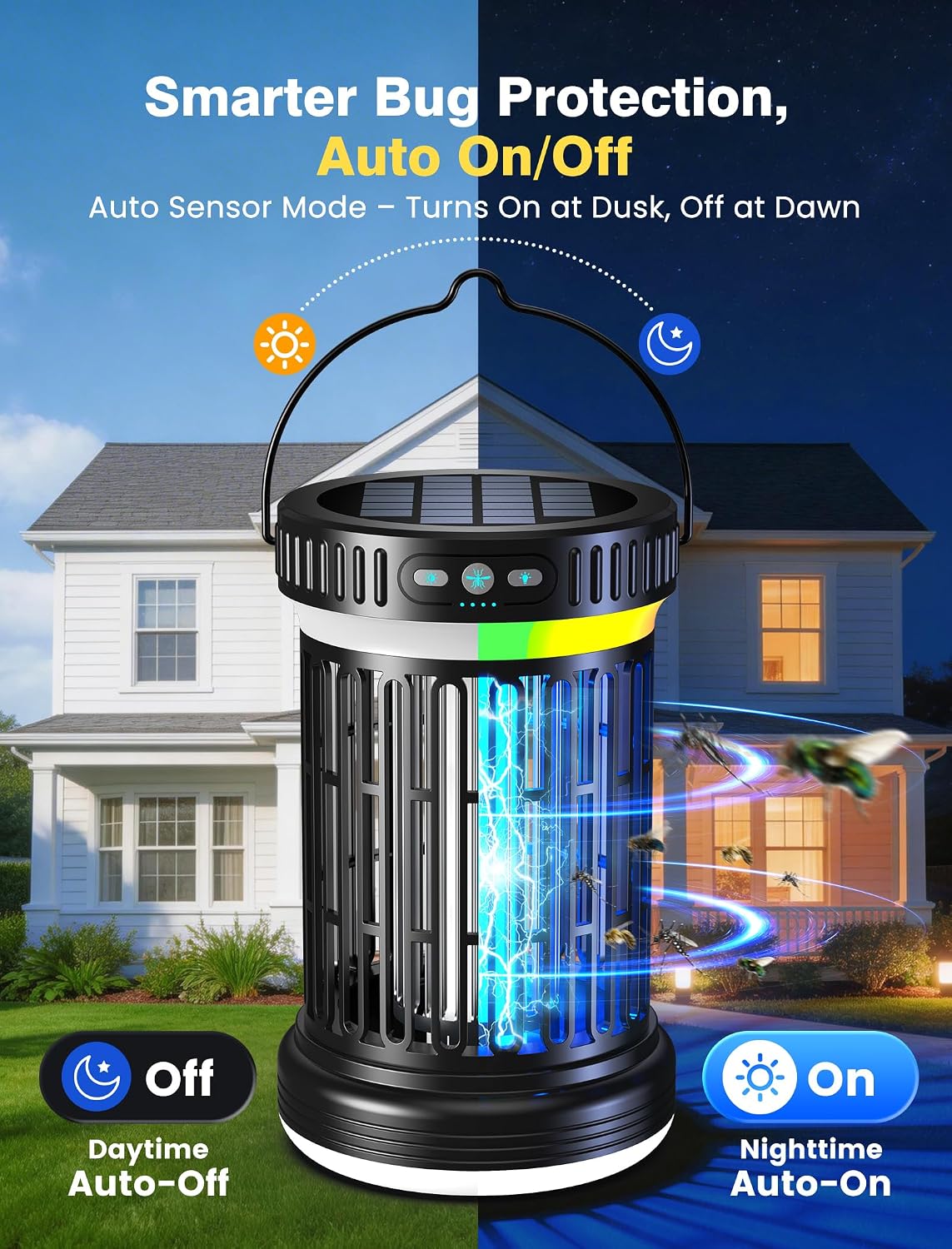 2 Pack Solar Bug Zapper & LED Camping Lantern – Rechargeable Mosquito Killer with UV Light, Hanging Hook, Solar Charging & Portable Outdoor Light