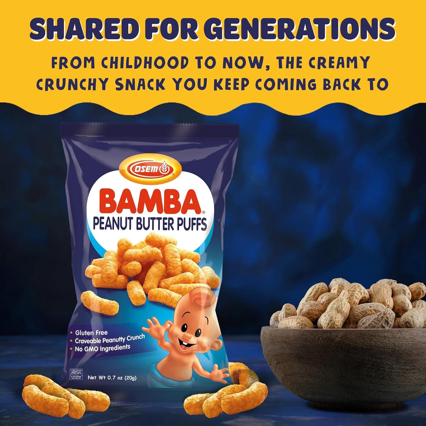 Osem Bamba Peanut Butter Puffs - Peanut Butter Puffs Bulk, Vegan PB Snack with Crunch for Kids, Grain Free Protein Snack, No Sugar, Family Pack - 0.7oz Bags 8 Pack