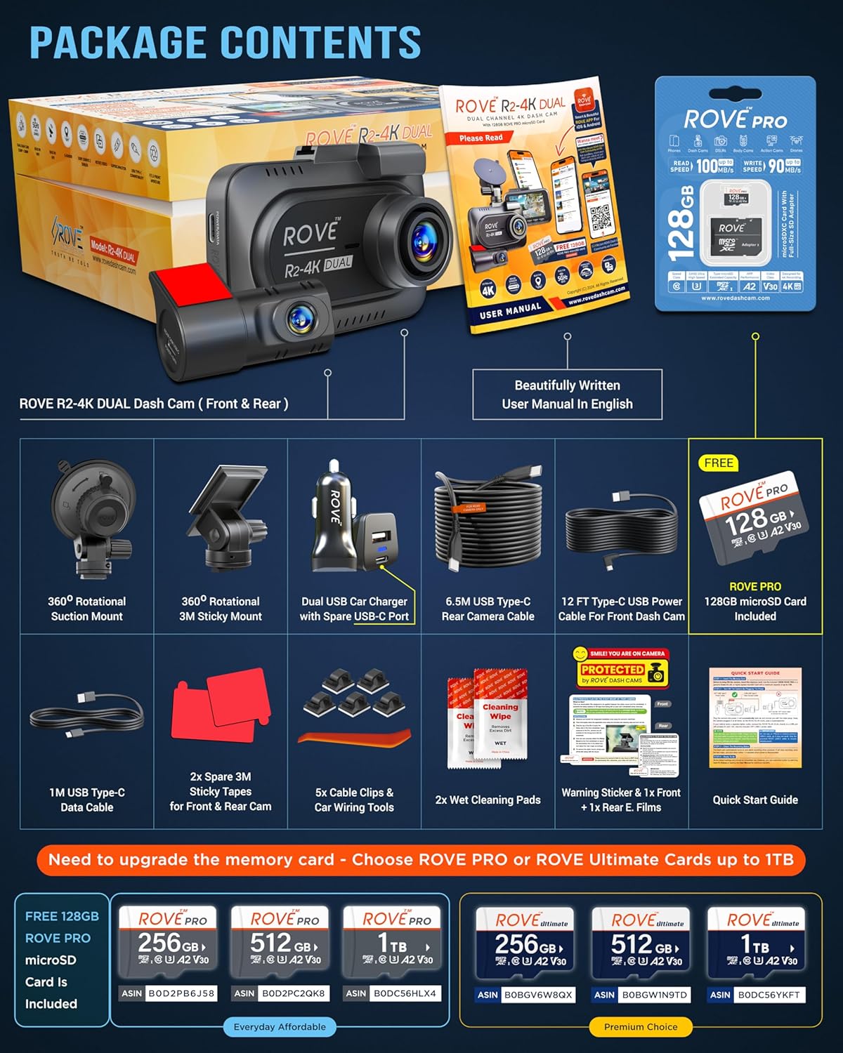 OVE R2-4K DUAL Dash Cam Front and Rear, STARVIS 2 Sensor, FREE 128GB Card Included